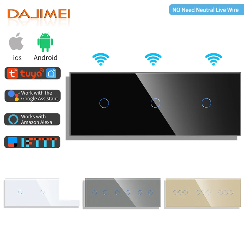 DAJIMEI WIFI Triple Light Switches 1/2/3gang Smart Touch Sensor Wall Switch Google Alexa Smart Life App No Need Neutral Wire