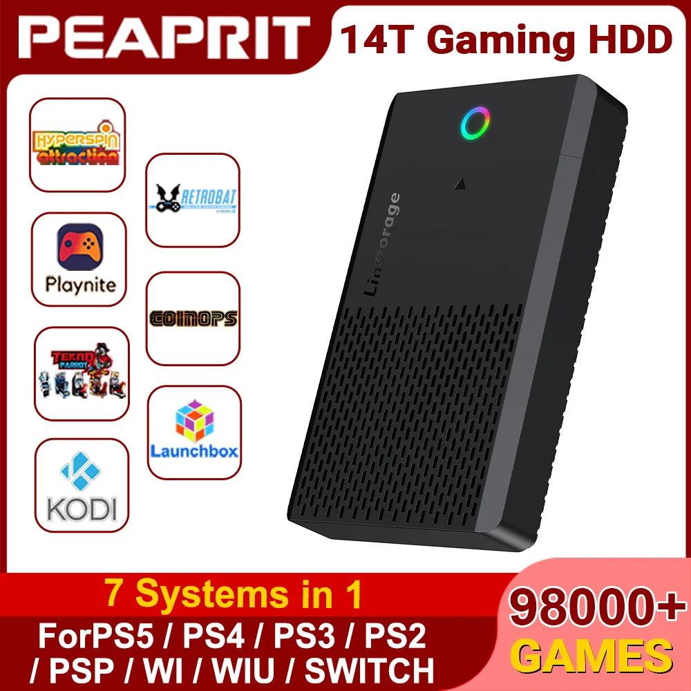 

PEAPRIT 14TB Gaming HDD with Hyperspin Launchbox Retrobat Playnite 98K+ Retro Video Games Console for PS5/PS4/PS3/PS2/SWITCH/WII