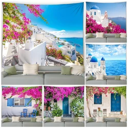 Greek Mediterranean Landscape Tapestry Purple Flowers Plants Seaside Blue and White Architecture Garden Wall Hanging Home Decor