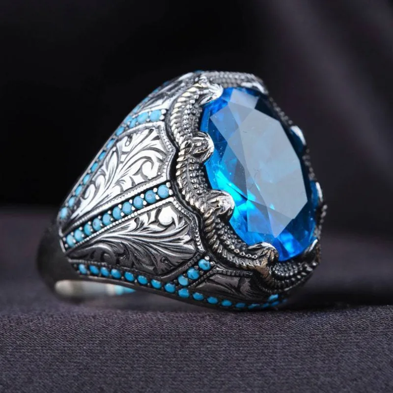 European and American new personalized sea blue zircon inlaid retro fashionable men's ring