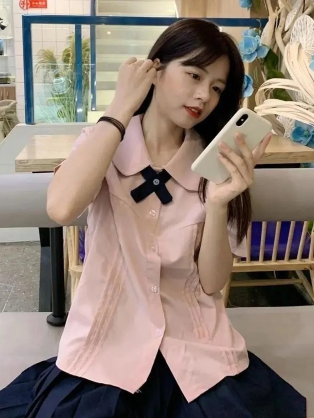 Camicetta Estiva da Donna con Colletto a Bambola Rosa, Versatile Stile College, Nuovo Set JK per Studentesse 2024