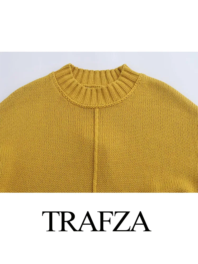 TRAFZA-suéter de punto con abertura para Mujer, Jersey elegante de manga larga con cuello redondo y costuras lisas, estilo callejero, otoño