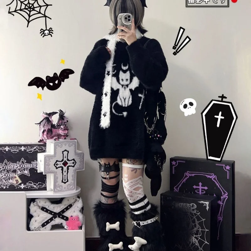 

Deeptown Black Gothic Cat Women Sweater Y2k Harajuku Japanese Fashion Oversized Knit Pullovers Grunge Vintage Streetwear Autumn