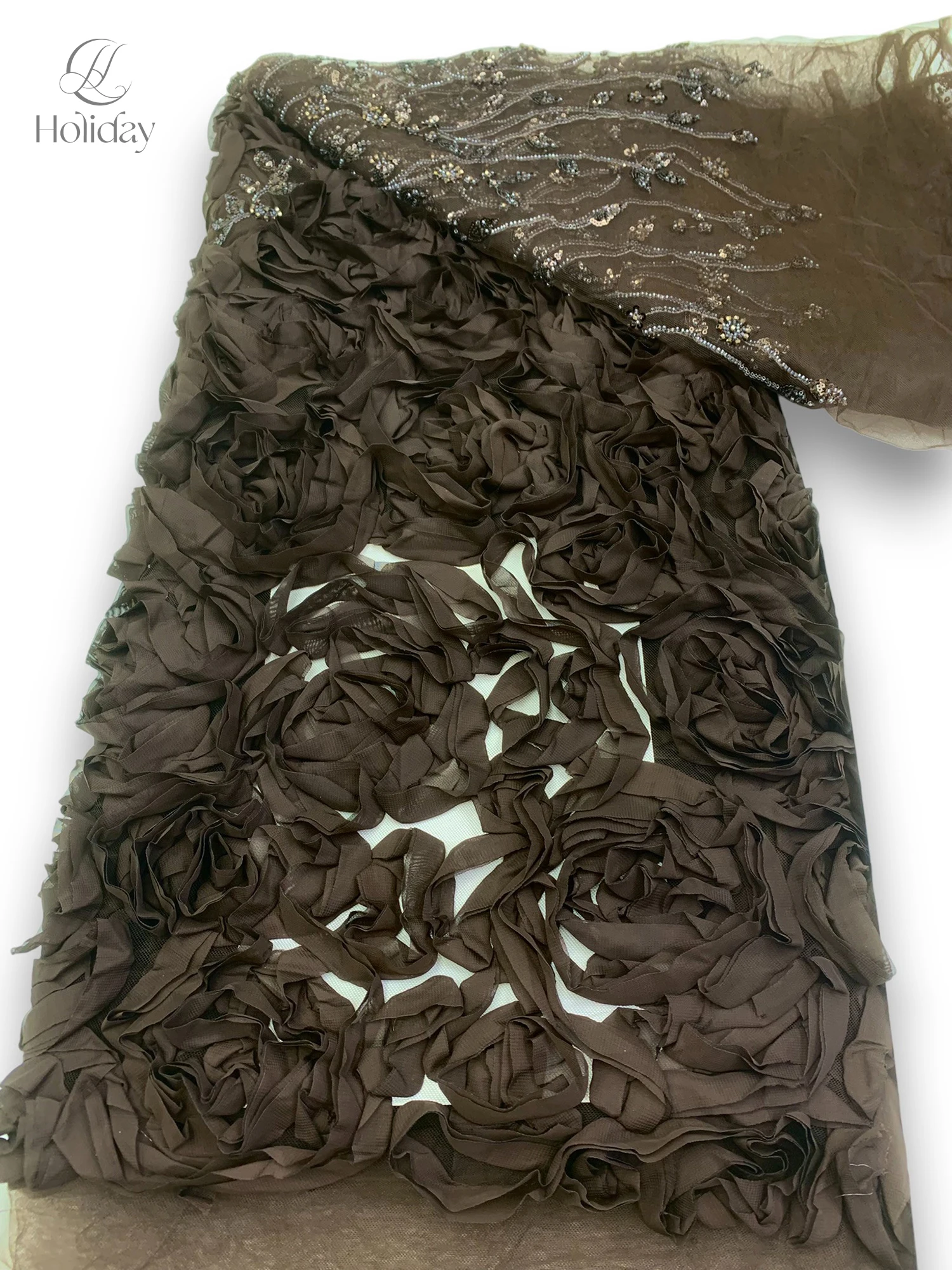 

High-end Chiffon Fabric with 3D Flowers, Embroidery for Luxury Wedding Dress, Evening Gown DIY lace fabric Dubai fabric