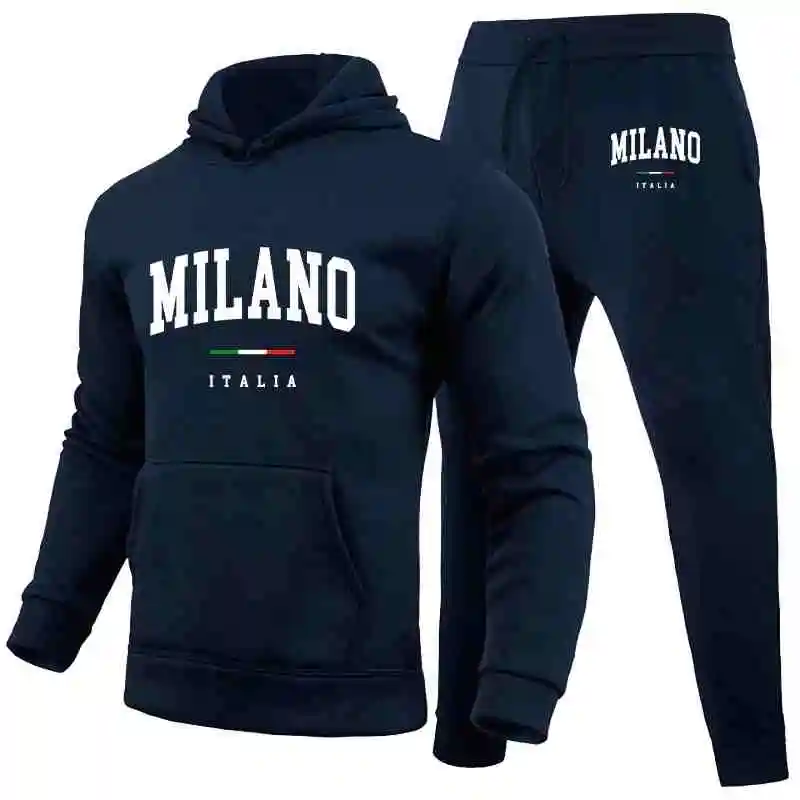 Men\'s Sports Hoodie Set Luxury Milan Print Sweatshirt Sweatpants Hooded Top Jogger Pants Casual Streetwear Sportswear