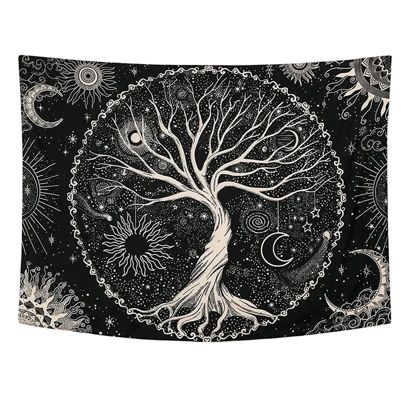 

Tree Tapestry Moon And Sun Black Wall Hanging Tapestry Psychedelic Mandala Starry Sky Tapestry Hippie Tapestry