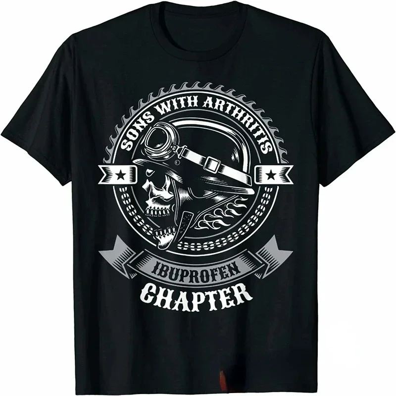 Vintage Black Biker Skull T-Shirt for Men Kids Funny Graphic Shirts with Arthritis Ibuprofen Chapter Design Gothic Streetwear