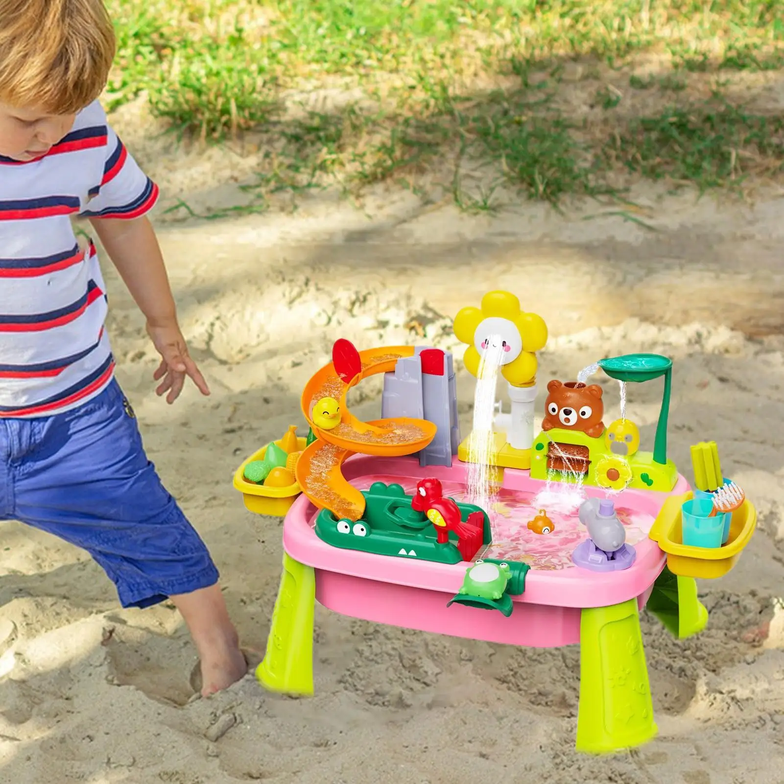 Tavolo ad acqua per bambini Giocattoli da spiaggia all'aperto con pompa elettrica Gioco educativo di finzione Gioco di pesca Giocattolo sensoriale per bambini dai 3 ai 8 anni