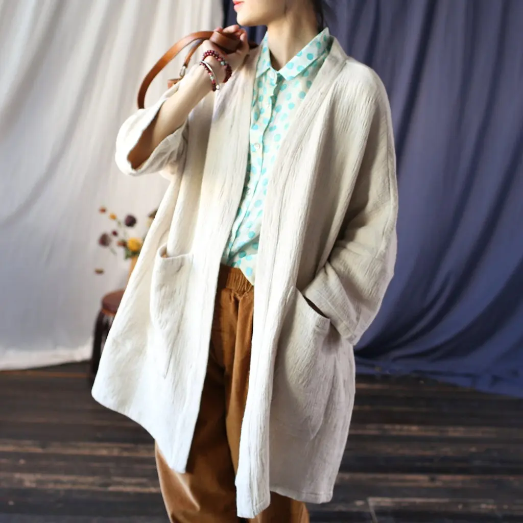 

Xi Mo Women's Retro Loose Ethnic Style V-Neck Top Mid-Length Outerwear Autumn Fashion Artistic Clothing