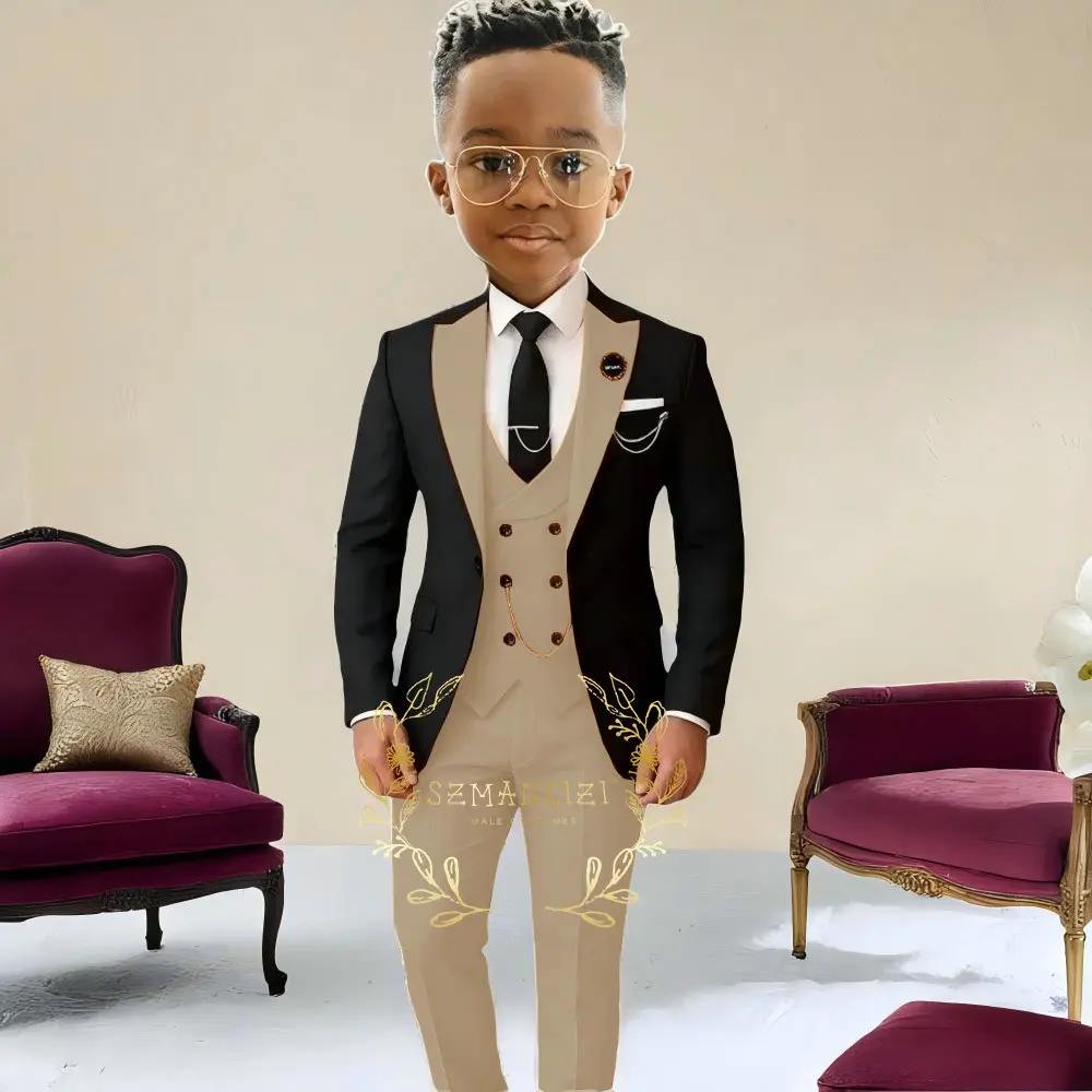 

Boys Suit Wedding Tuxedo Black Jacket Beige Pants Vest 3 Pieces Set Kids 2-16 Years Old Child Formal Party Suits Clothes Blazer
