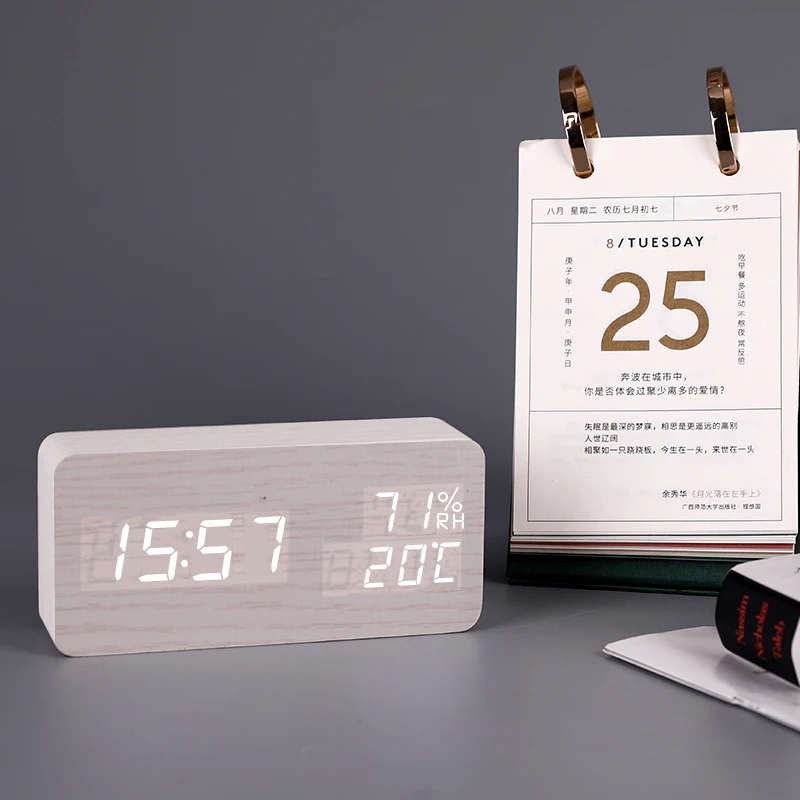 

Rectangular wooden LED clock MDF+PVC material multifunctional display temperature and humidity study electronic clock