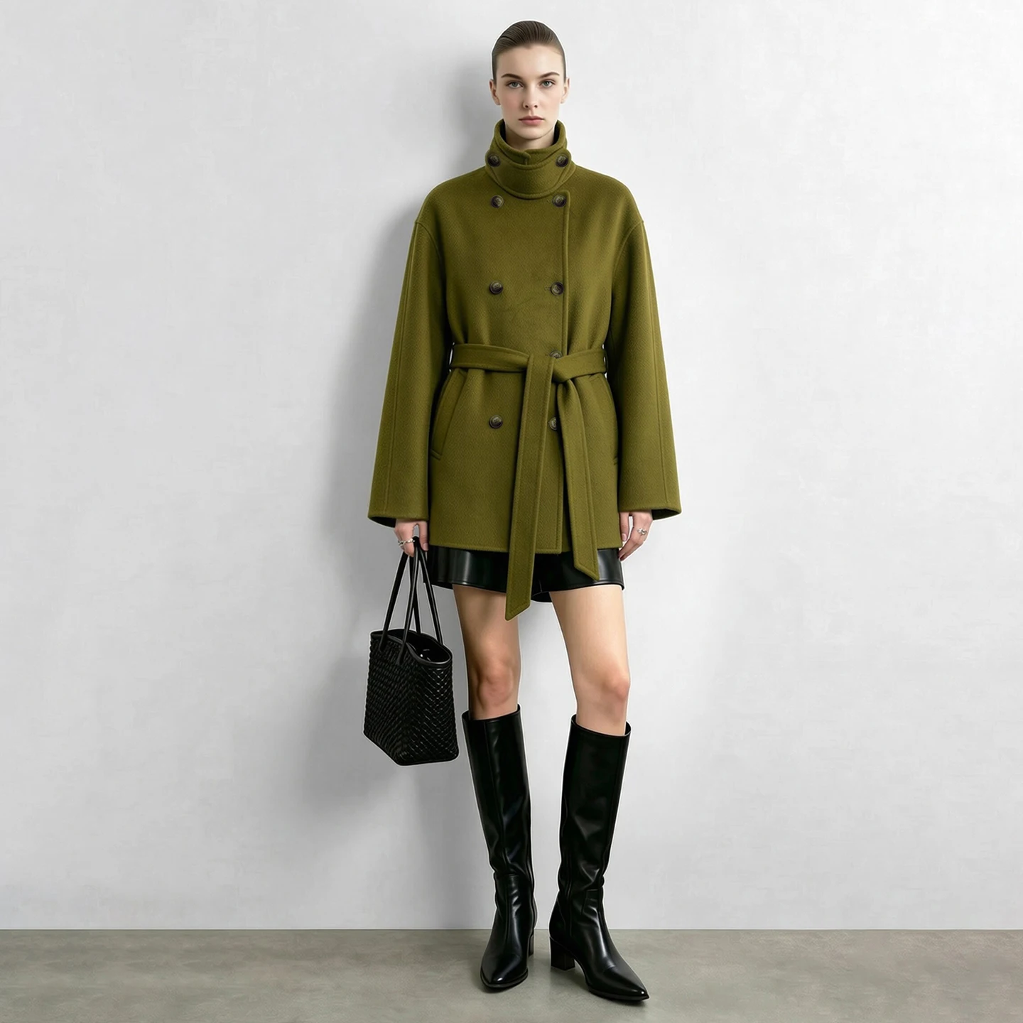 Amii Winter Warm Coats Stand Collar Woolen Double-Faced Coat Belted Mid-Length Pocket Commuter Minimalist Women Jacket 12624040