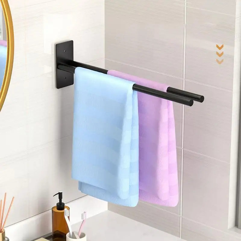 Adhesive Bath Towel Bar Self Adhesive Hand Towel Holder Carbon Steel Bath Wall Shelf Rack Towel Stick On Sticky Hanger Double