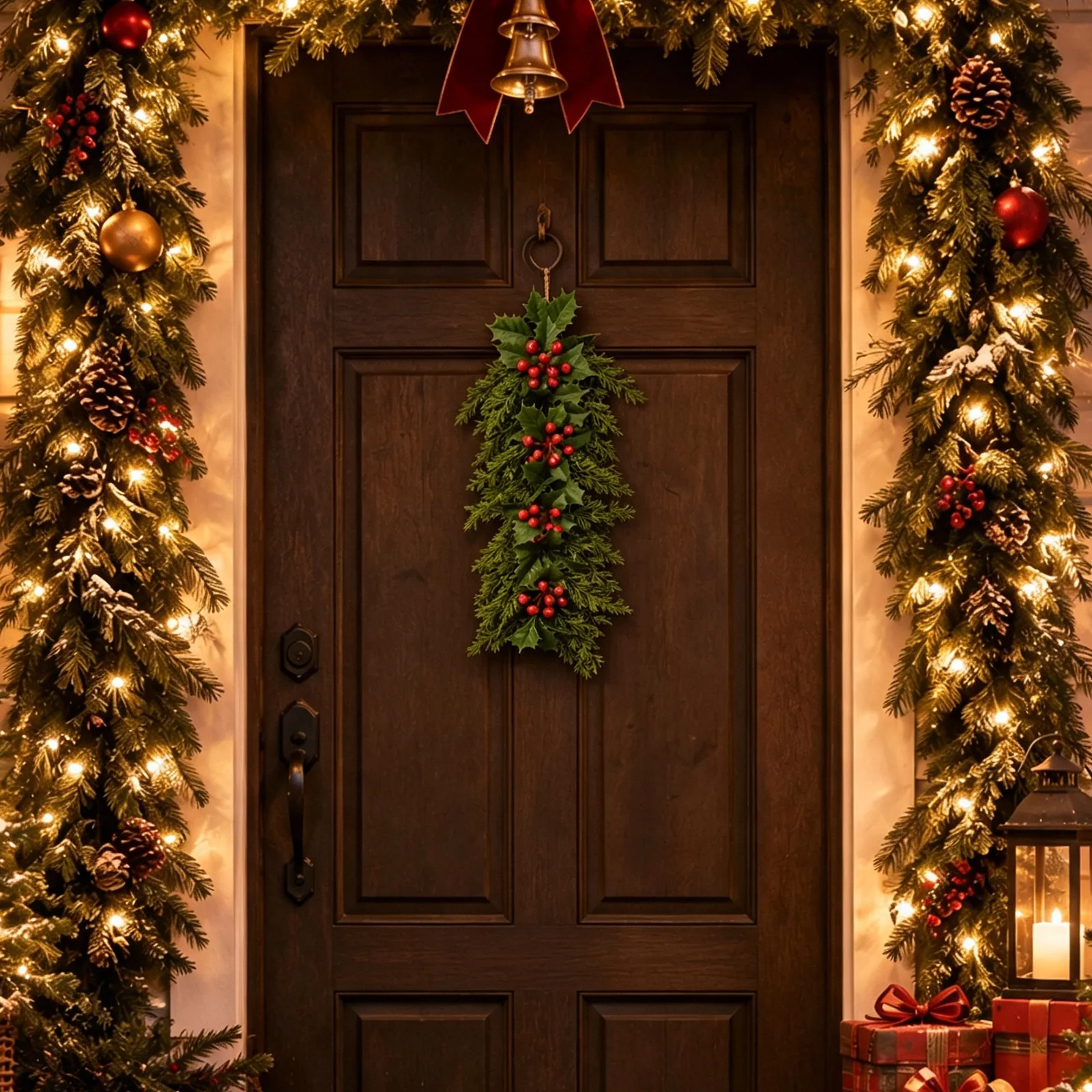Christmas Holly Red Berry Swag 21.65 Inch Artificial Greenery Garland With Hanging Ring For Front Door Wall Mantel Holiday Decor