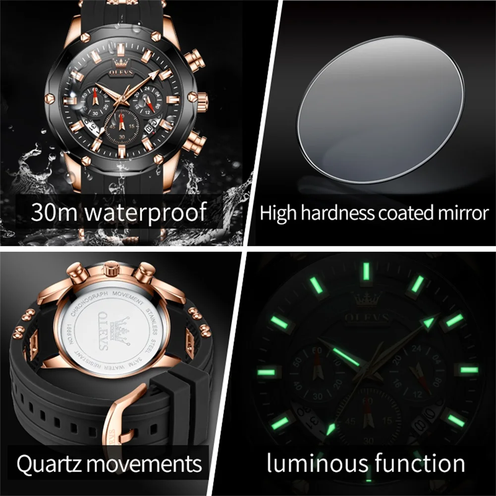 Olevs Merk Sport Quartz Horloge Heren Siliconen Band Waterdicht Lichtgevende Mode Chronograaf Multifunctioneel Horloge Relogio Masculino