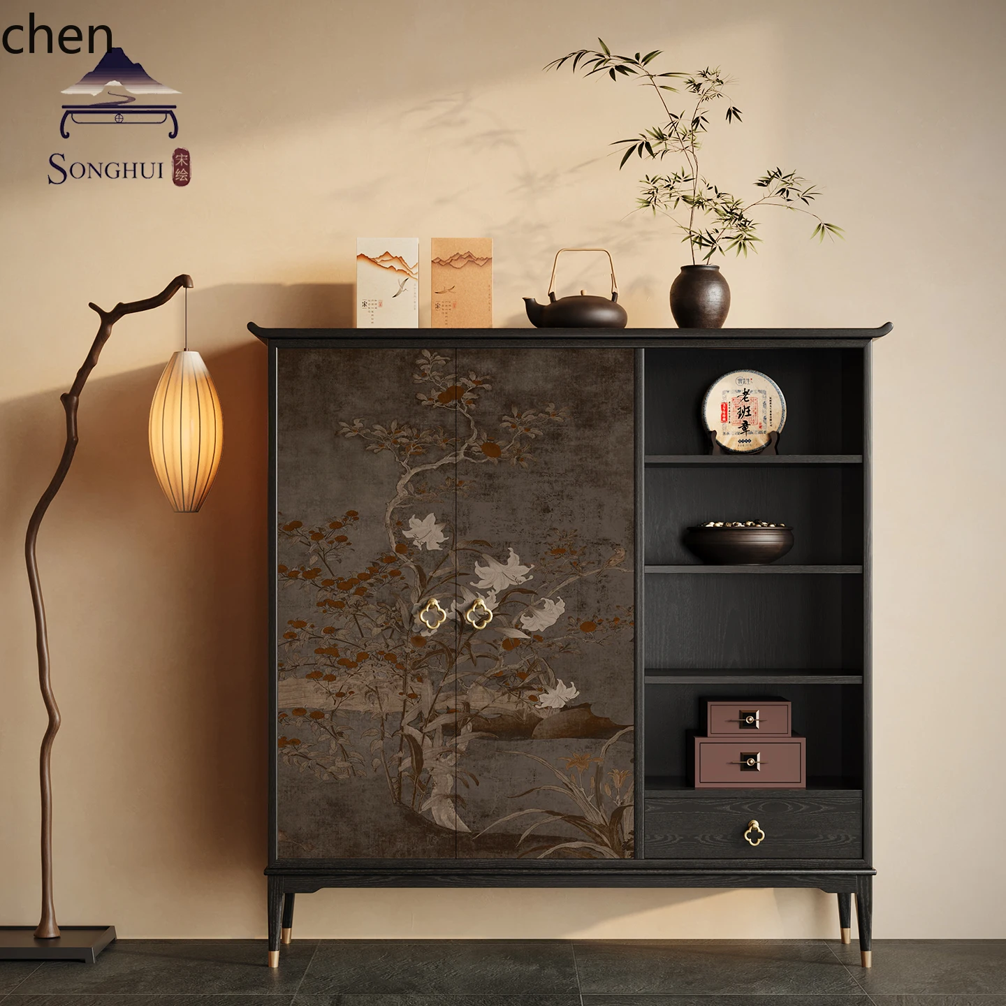 HT  Solid Wood Sideboard Cabinet Living Room Integrated Wall-Mounted Tea and Storage Cabinet