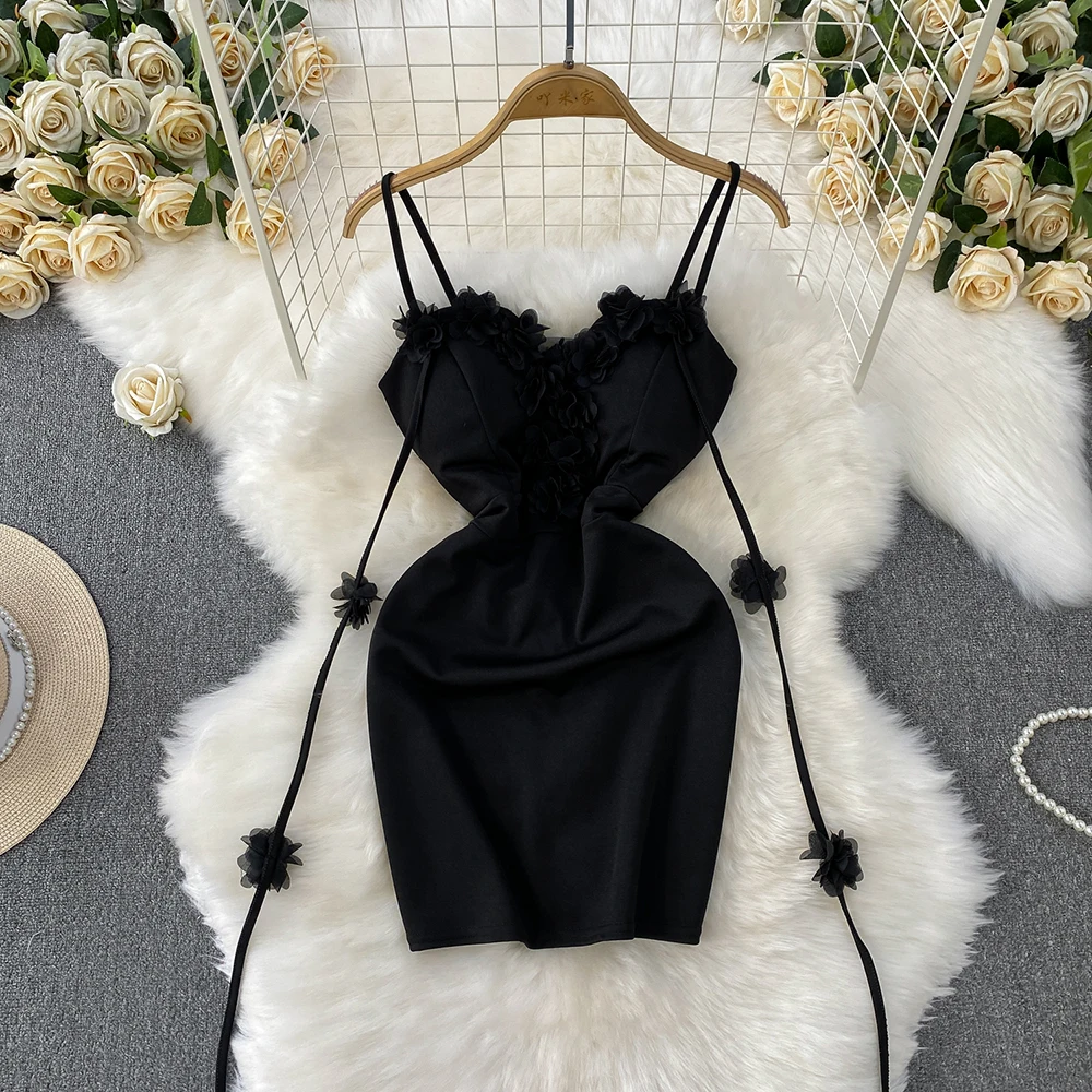 Women Sexy Slip Dress Summer Tulle Floral Patchwork Strap Mini Frocks Female Solid Color Slim Backless Elegant Dresses