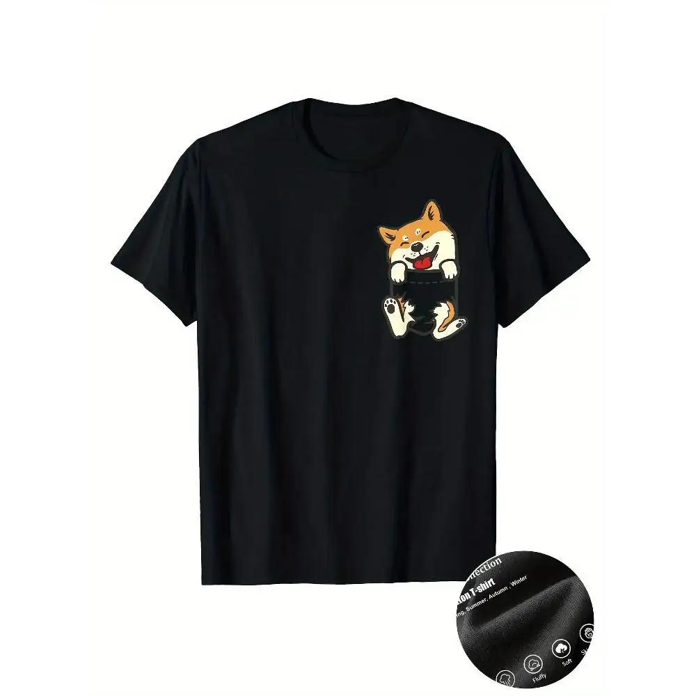 Cute Dog Pocket Design T Shirt Men Women Cotton Soft Short Sleeve Round Neck Machine Washable All Season Casual Gift