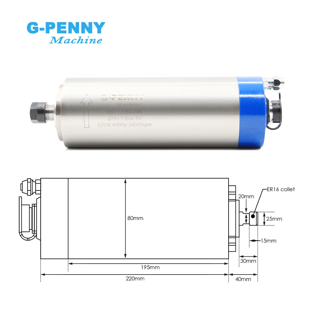 G-Penny 220v/380v 1.5kw ER16 Water Cooled Spindle 400Hz Water Cooling Spindle Motor 80x220mm 4 bearings CNC Engraving Drilling