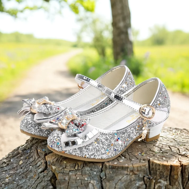 ULKNN Princess Kids Leather Shoes For Girls Flower Casual Glitter Children High Heel Girls Shoes Butterfly Knot Blue Pink Silver