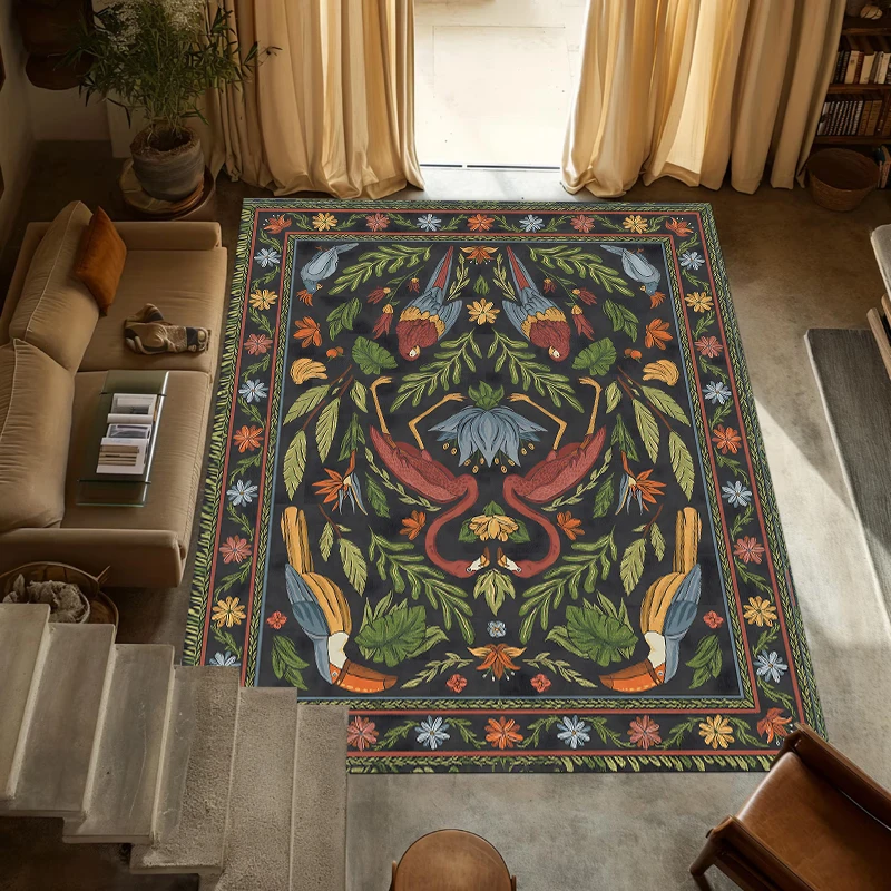 Vintage Botanical Pattern Area Rug Artistic Floral Floor Carpet for Living Room Bedroom Bohemian Themed Non-Slip Home Decor