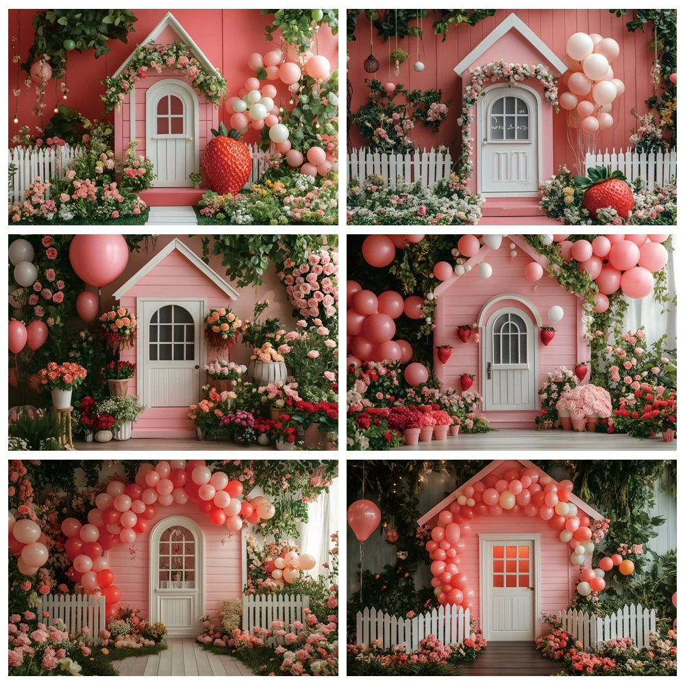 

Strawberry Berry House Photography Backdrop Pink Balloon Girls 1st Birthday Party Banner Decorations Cake Smash Photo Background