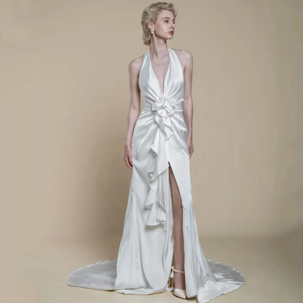 

Customized Elegant Charmeuse Handmade Flower Ruffle Pleat Straight Halter Long Dresses Bespoke Occasion Dresses Classic Fashion