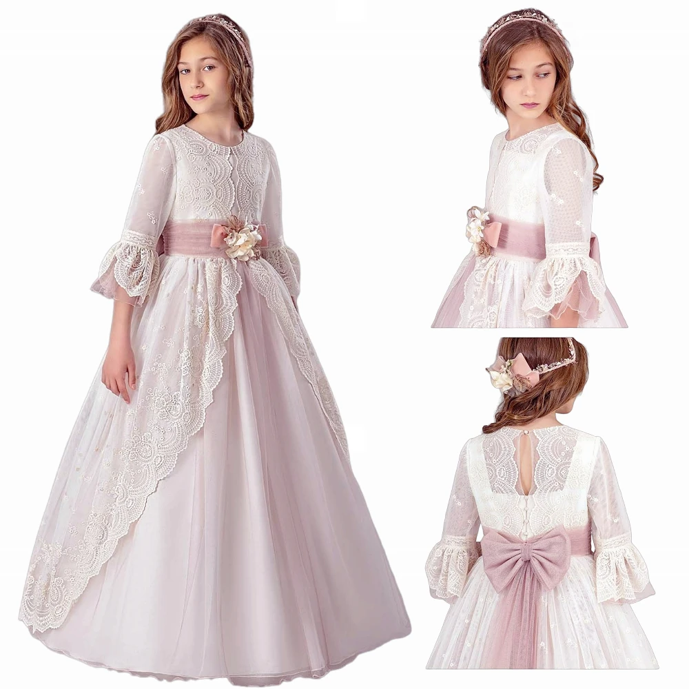 Luxurious Pink Color Flower Girl Dress Wedding Dresses Lace Appliqued Ruffle Layering Tulle First Communion Ball Gown