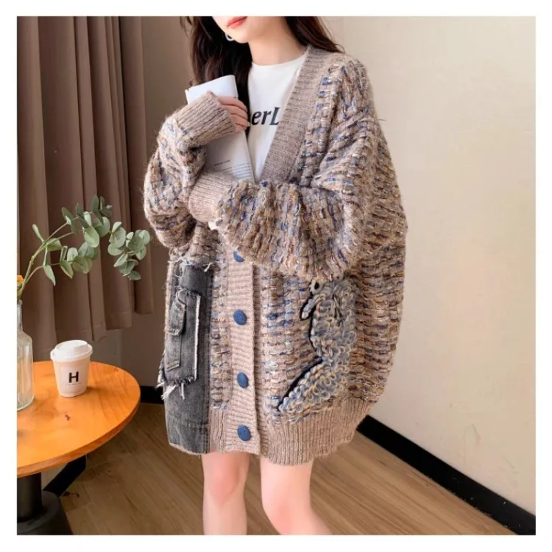 

2025 джинсовый вязаный кардиган, пальто, женский свободный свитер большого размера с v-образным вырезом, топ, осень-зима, утепленные винтажные повседневные свитера