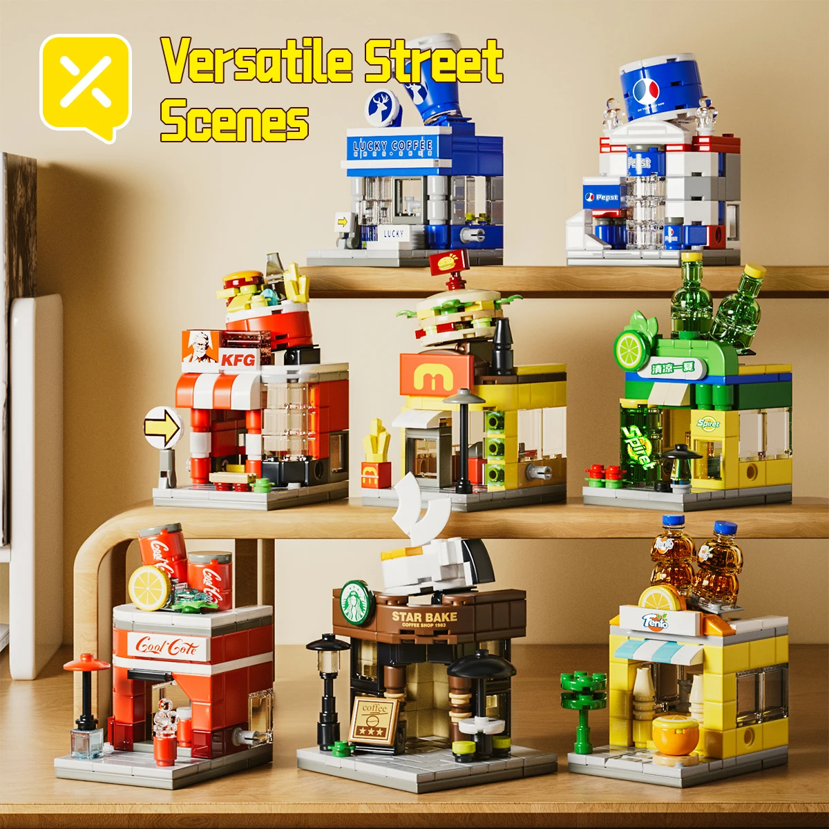 

8-in-1 Street Scene Building Blocks Set – Mini Fast Food/Coffee Shop Model, Children's DIY Scene Toy, Christmas/Halloween Gift