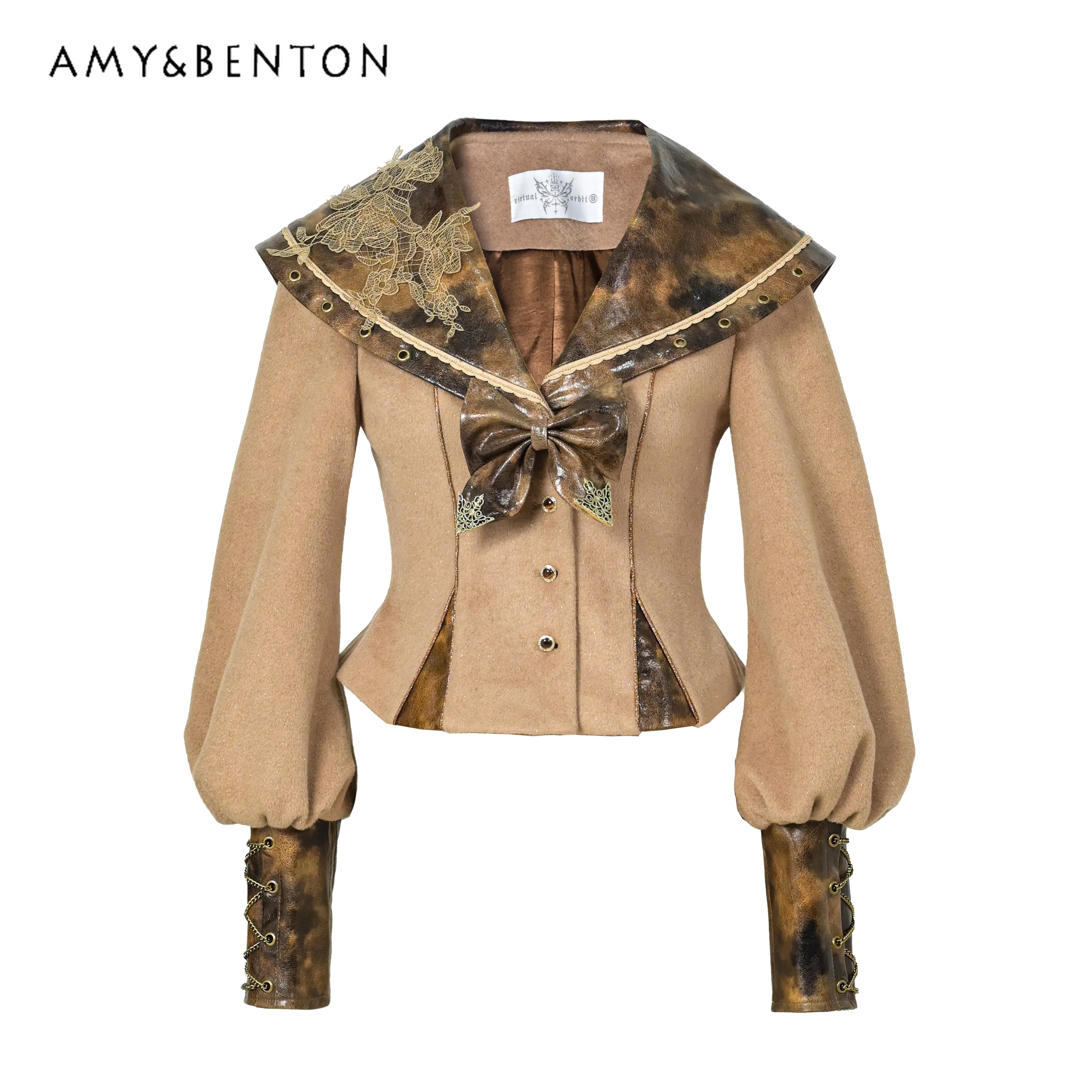 오리지널 디자인 레트로 고딕 빈티지 프린트 PU 네이비 칼라 긴팔 재킷 하이웨이스트 미니 스커트 펑크 스타일 Y2K 투피스 세트