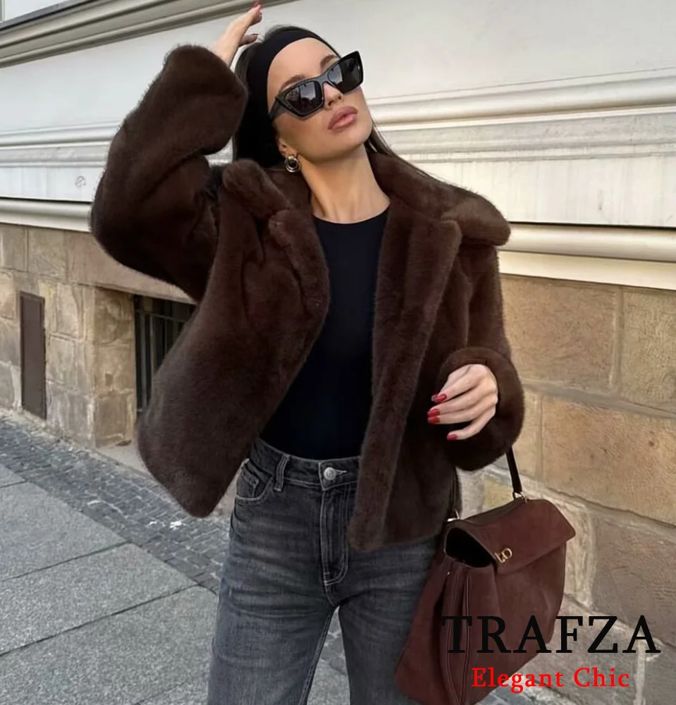 

TRAFZA женская винтажная куртка с лацканами, лохматый коричневый пиджак, новинка 2025, весенне-осенняя модная повседневная универсальная куртка, пальто