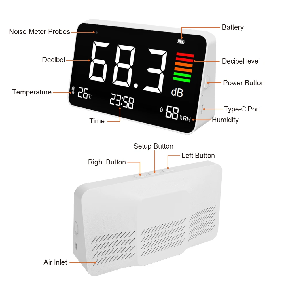 High Precision Electronic Decibel Meter Sound and Noise Detector With Hygrothermograph Portable for Detection and Battery Usa