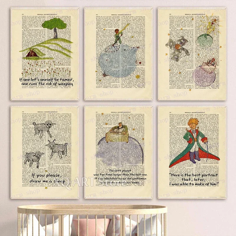 Affiche de livre classique du petit Prince, citations de dictionnaire du Prince pour pépinière, peinture sur toile d'art rétro, décor de chambre d'enfant Framel