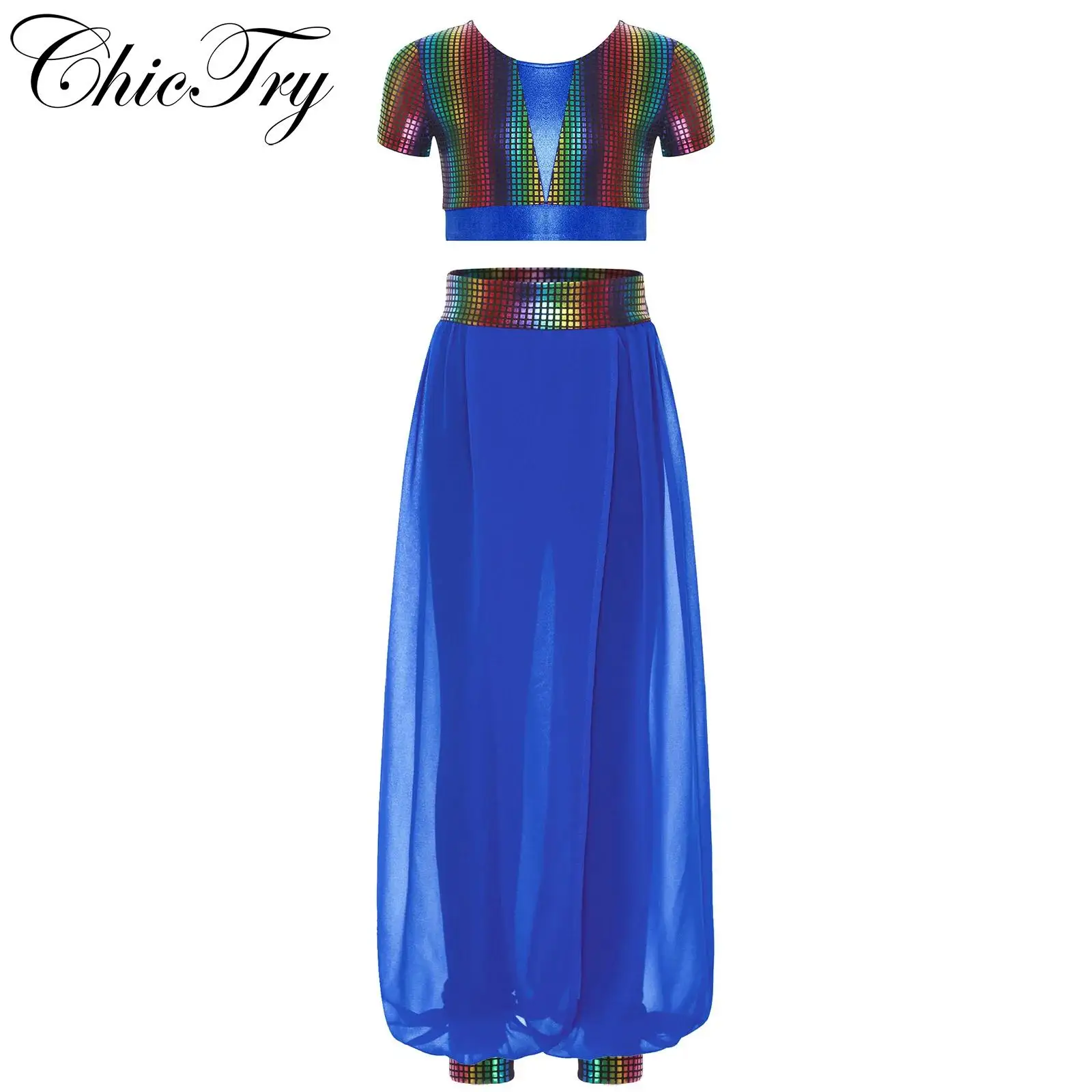 

Kids Girls Jazz Dance Sets Color Block Metallic Crop Tops with Pants Dance Gymnastics Outfits for Competition Stage Performance