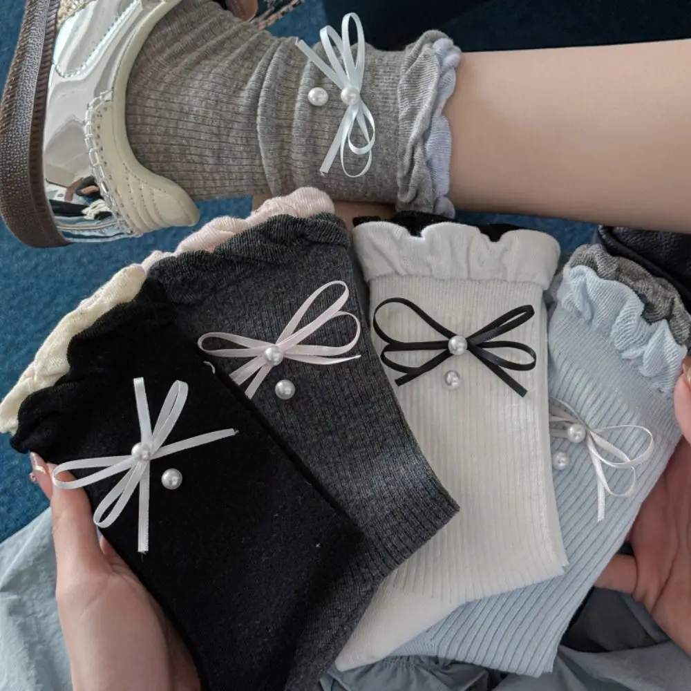 

5Pairs Soft Ruffle Bowknot Pearl Socks Thin Ins Style Mid Tube Socks Female Hosiery Breathable Sweet Socks Women Girl
