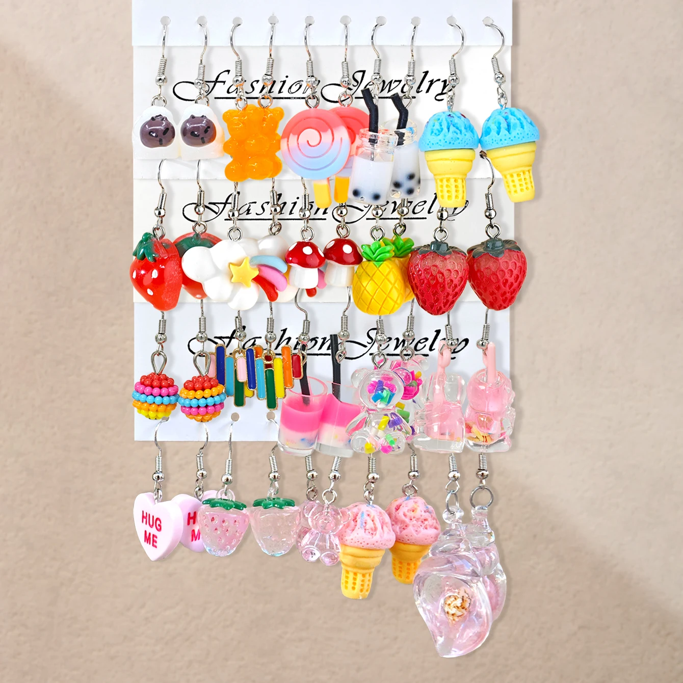 Pendientes creativos transfronterizos para mujer, nicho de resina colorido, corazón dulce fresco, postre y fruta, conjunto de joyería para oreja con colgante