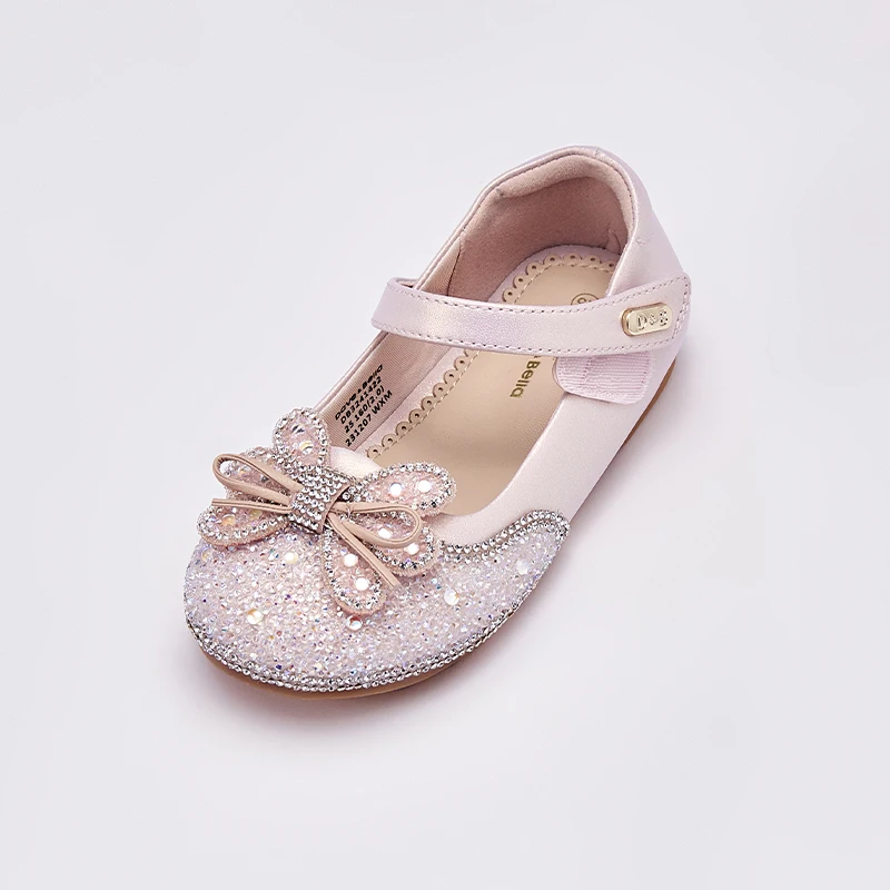 Dave Bella Children Girls Princess Shoes Spring Autumn Leather Shoes Pearl Bow Dance Shoes Girls Flats Non-slip Shoes DB3241422