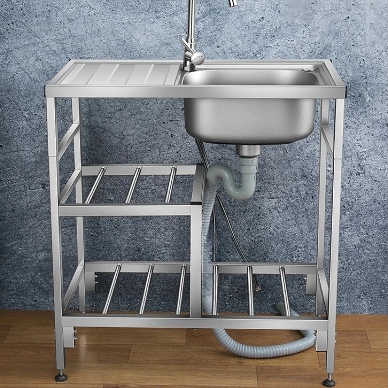 & Stainless Steel Kitchen Sinks with Platform Floor-standing Commercial Dishwashing Sink Countertop Integrated Sinks with Bracke