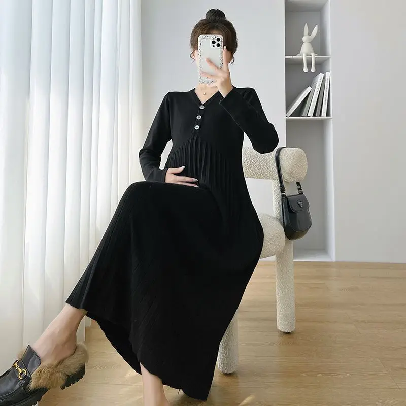 Autumn Winter Fashion Knitted Maternity Long Sweaters Dress Button Open Nursing Clothes for Pregnant Women Pregnancy Loose