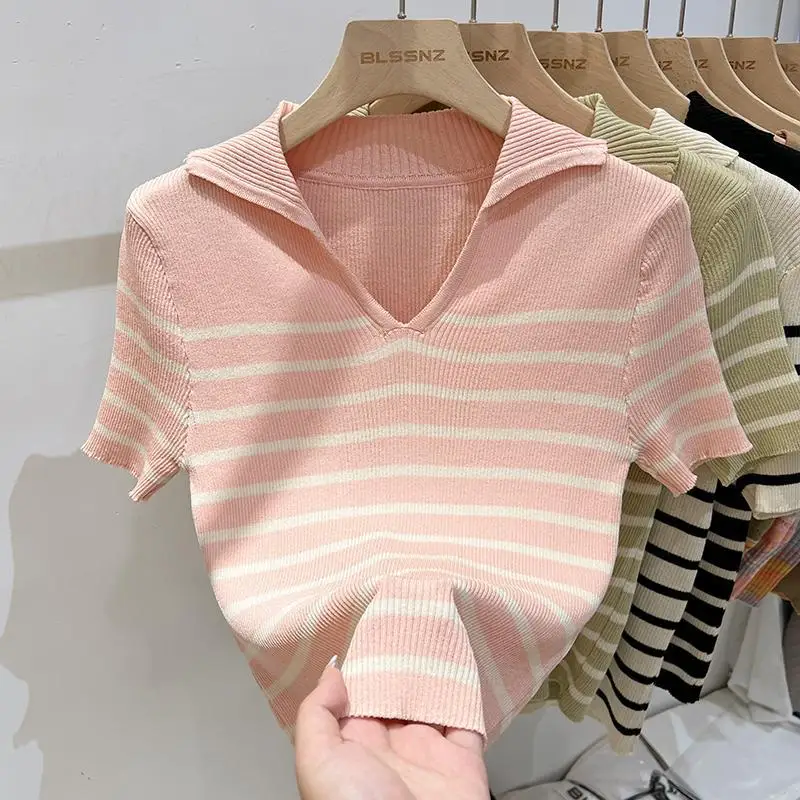 Contrasting Colors Stripe Short Sleeved Female Summer Self Cultivation Lapel Collar Multicolor Bottoming Shirt Comfortable Tops