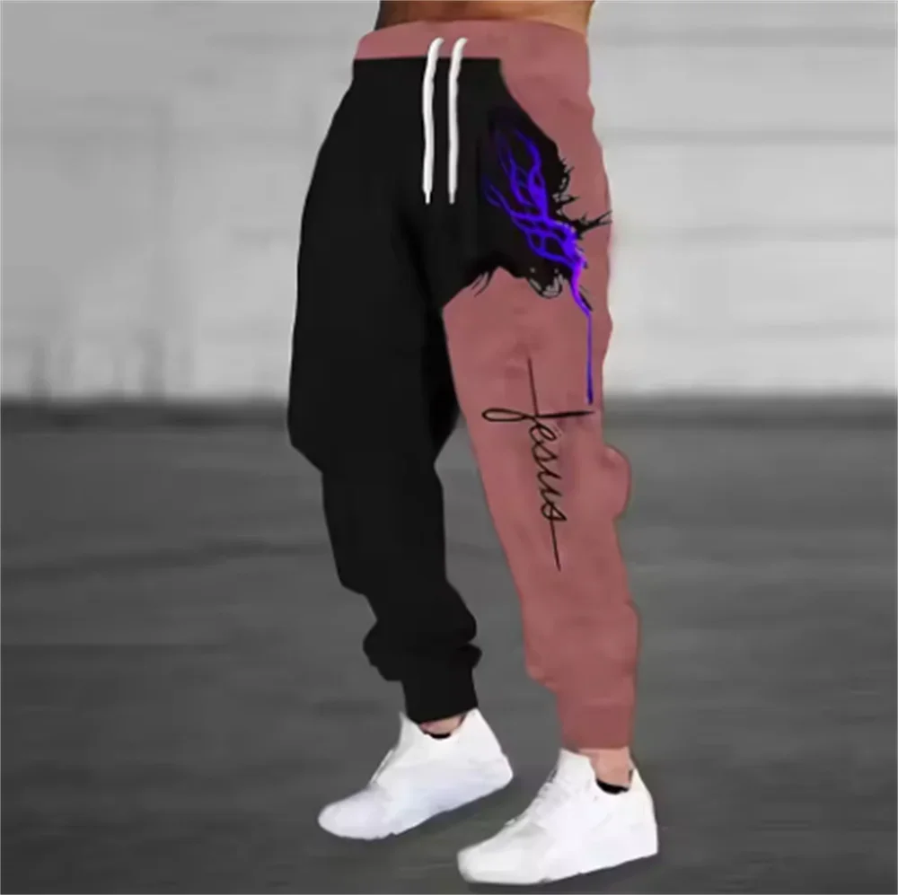 Men's Forest Camo Navy Spliced Deer Head Print Jogger Pants Outdoor Hunting Streetwear Drawcord Soft Casual Loungewear Trousers