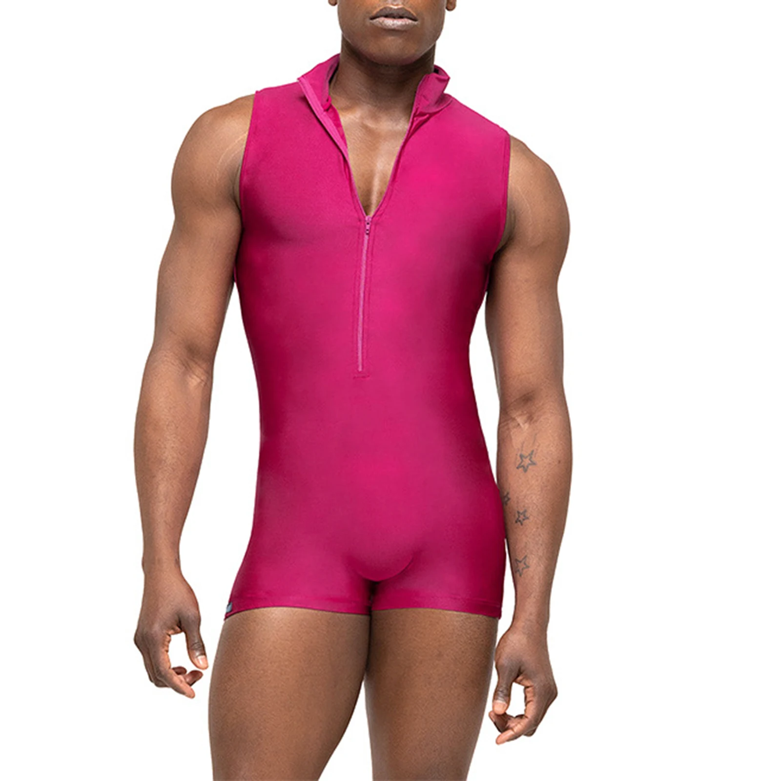 Mens Solid Color Sports Shorts Jumpsuit Gym Fitness Gymnastics Dance Training Bodysuit Zipper Stand Collar Sleeveless Leotard