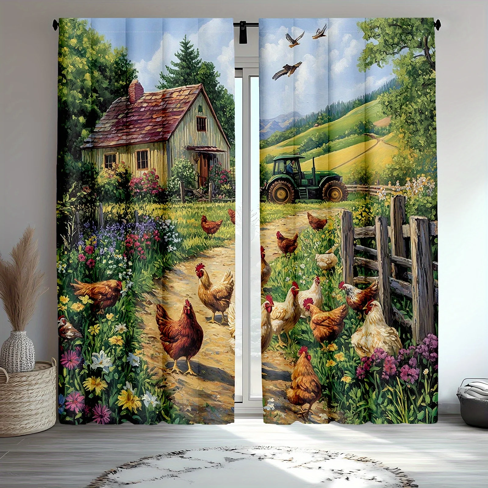 Rustic Farmhouse Barnyard Chicken Landscape Curtains Pair Country Pastoral Window Drapes for Home Decor