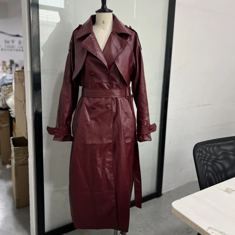 Casual Long Belted Sved irt Jaet Spring Autumn Sle Leather Coat Women's Faion Pure Color Loose Fit with Fur Collar