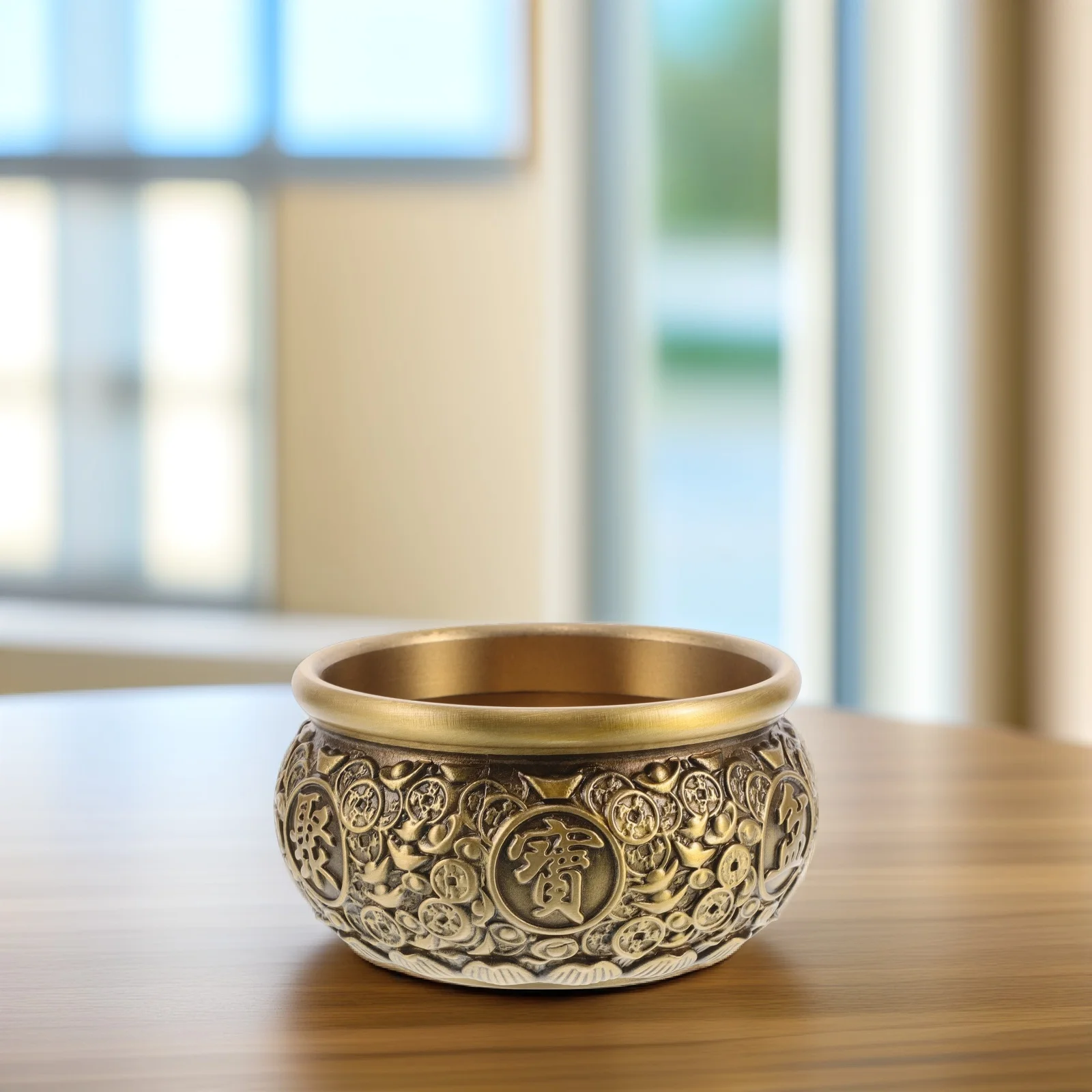 

Vintage Copper Treasure Bowl Lucky Money Holder Wealth Decor Chinese Fortune Basin Buddhist Offering