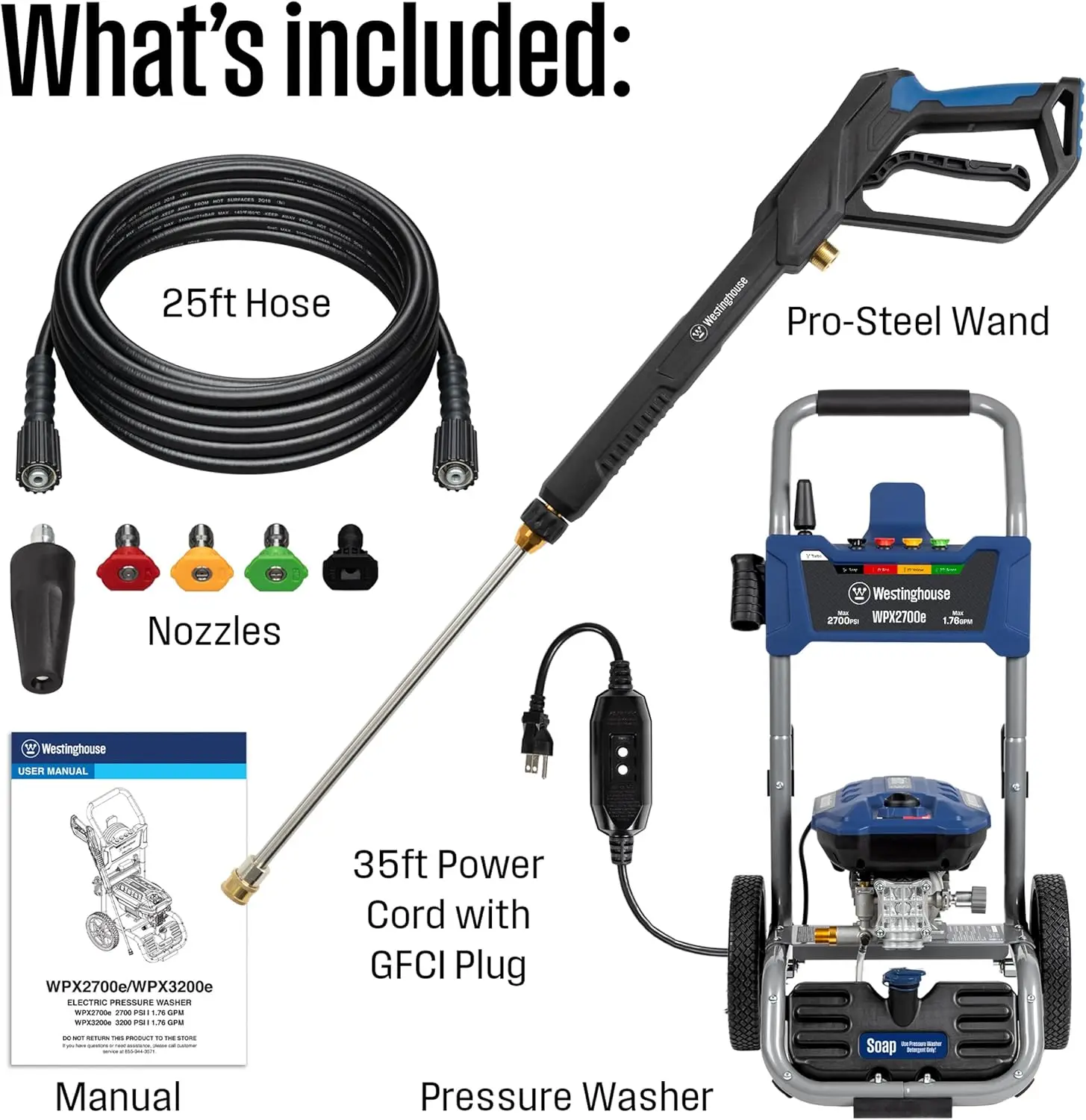 Electric Pressure Washer, 2700 PSI and 1.76 Max GPM, Induction Motor, Onboard Soap Tank, Spray Gun and Wan