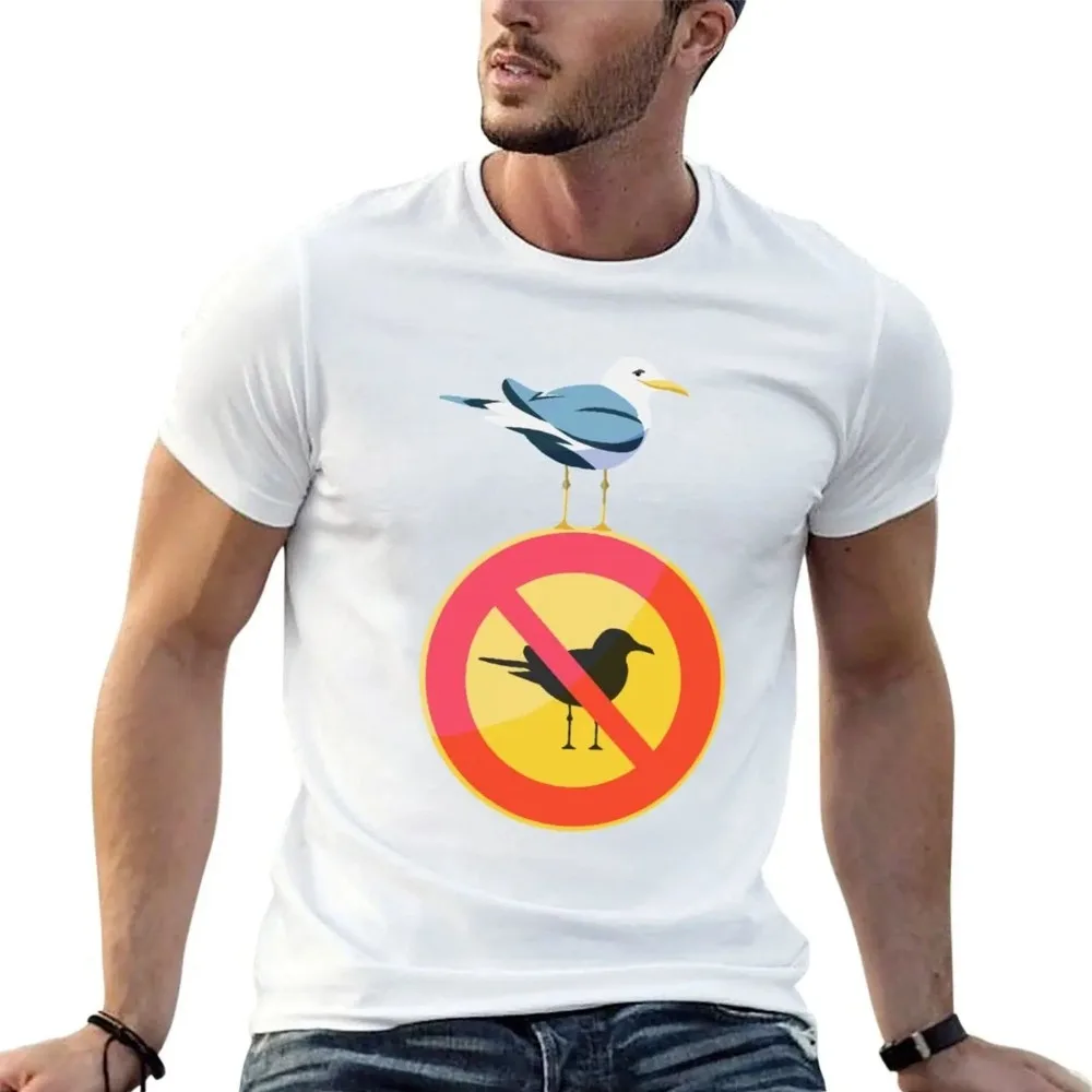 2026 Summer New Funny Seagull No Bird Sign Graphic Printed T-shirt O-Neck Pure Cotton Casual Fashion Short Sleeve Tee for Unisex