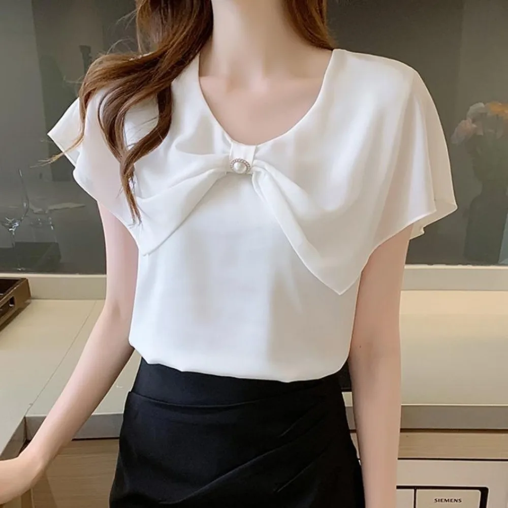 Fashionable and stylish short sleeved chiffon shirt for women\'s summer wear in 2024 new design sense bow slimming thin top women