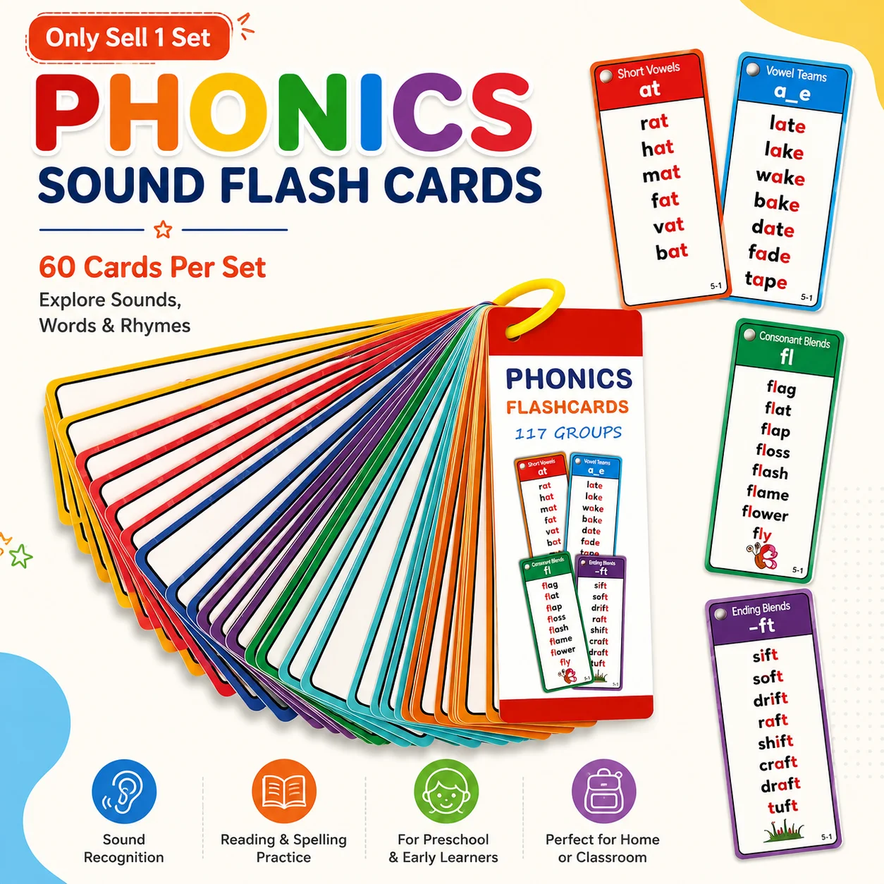 60 Pcs Per Set Phonics Sound Learning Flash Cards, Fun Discovery Style With Rhyming Words, For Sound Recognition, Reading